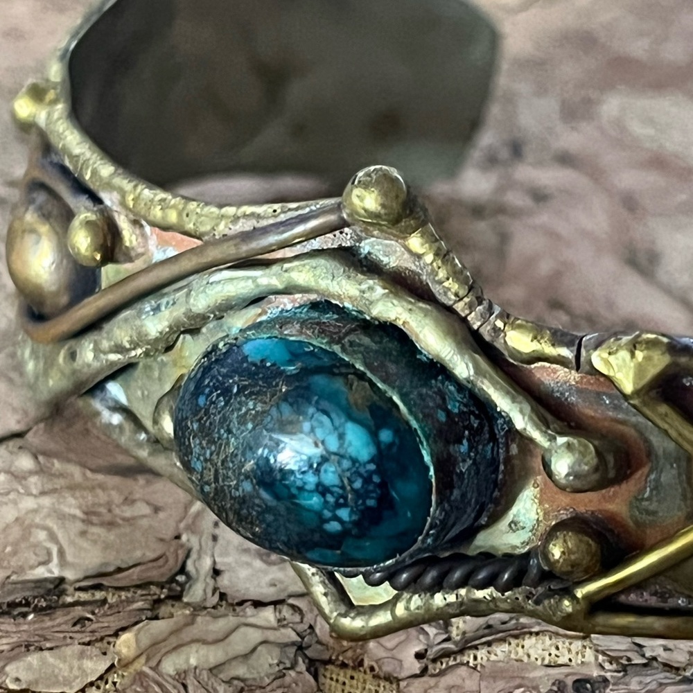 Mixed Metals with Natural Stone Accent Cuff Bracelet - Picture 3 of 3